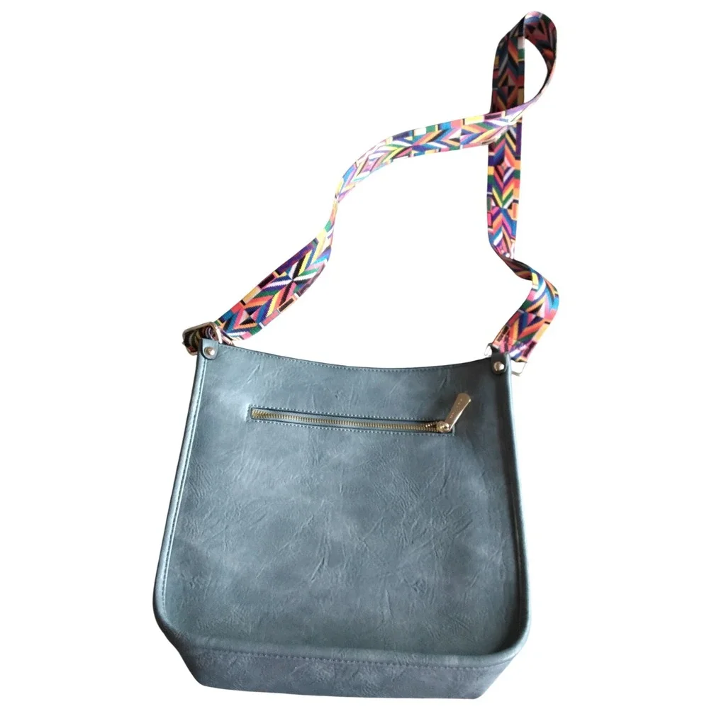 HKCLUF Gray Blue Vegan Leather Crossbody Bag- Colorful Geometric Guitar Strap